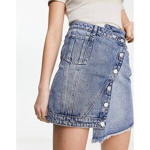 ASOS Urban Revivo Asymmetric Denim Blue Jean Mini Skirt Buttons